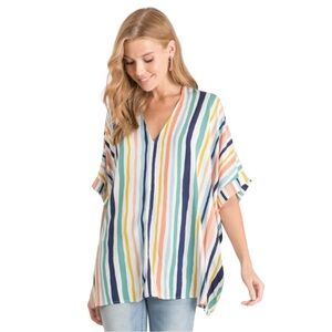 Jodifl Women's Small Colorful‎ Striped Oversized Blouse Tunic Boxy Short Sleeves